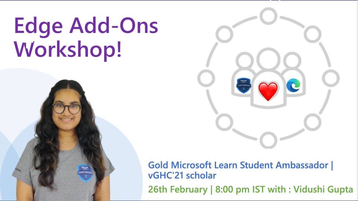 Arpitaaa01's tweet image. #msftstudentambassadors
A peer-led workshop by MLSA Edge Addons Community!

Join @Vidushi_Gupta7 on 26/02/2022 at 20:00 IST to get started with building #EdgeAddons ✨

@IamPablo
@varadarajans @sivsouvam