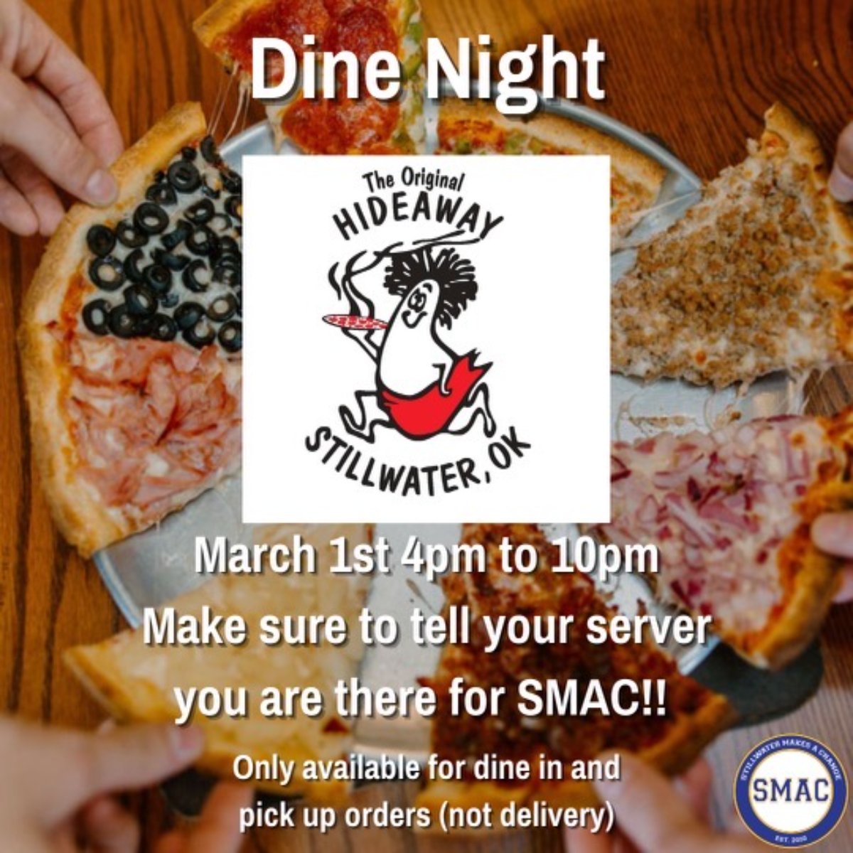 Mark your calendars! We're donating 10% of dine-in and pick-up orders on March 1 from 4 to 10 PM. Be sure to mention to your server that it's Stillwater Makes A Change (SMAC) Week!