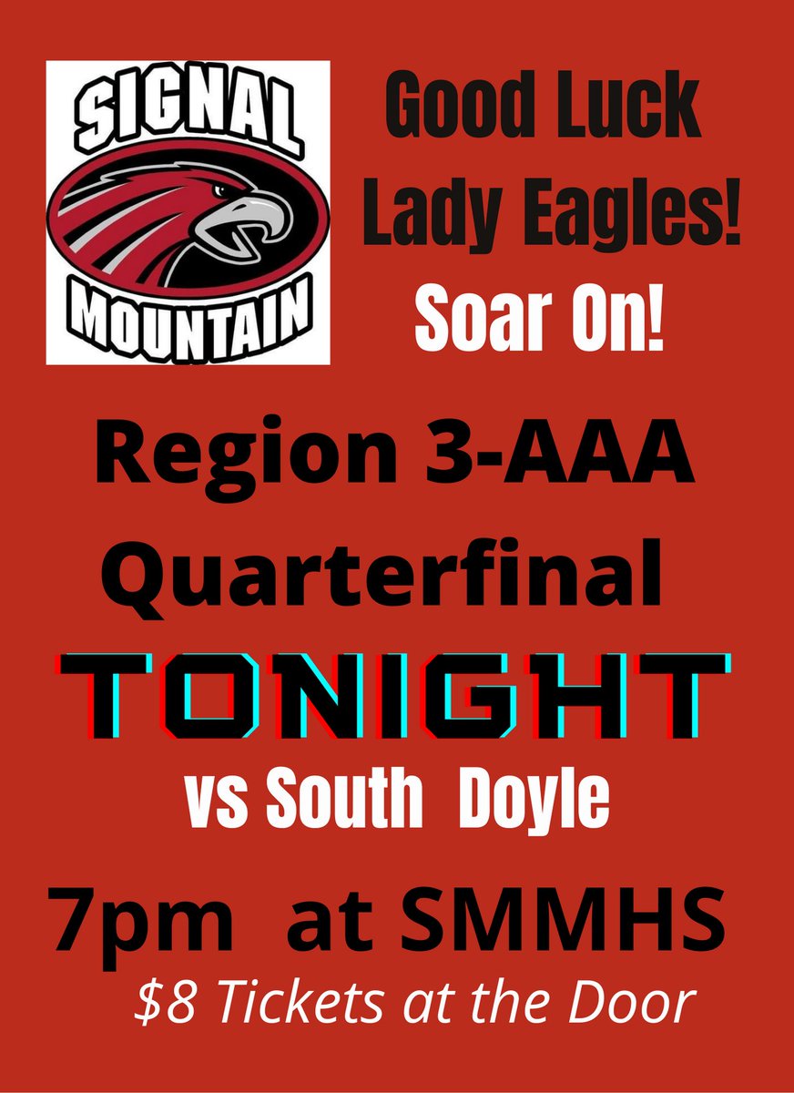 Signal Mountain Middle High School (@smmhseagles) on Twitter photo π£ Come out and make some noise TONIGHT for <a href="/SMLadyEagles/">SMLadyEagles</a> π
#RegionQuarterfinal Signal Mountain will host South Doyle in the first round of Region play at 7pm. Tickets are $8 at the Door. See YOU there! #FlockUp π¦
#SMMHSsoars π£ Come out and make some noise TONIGHT for <a href="/SMLadyEagles/">SMLadyEagles</a> π
#RegionQuarterfinal Signal Mountain will host South Doyle in the first round of Region play at 7pm. Tickets are $8 at the Door. See YOU there! #FlockUp π¦
#SMMHSsoars