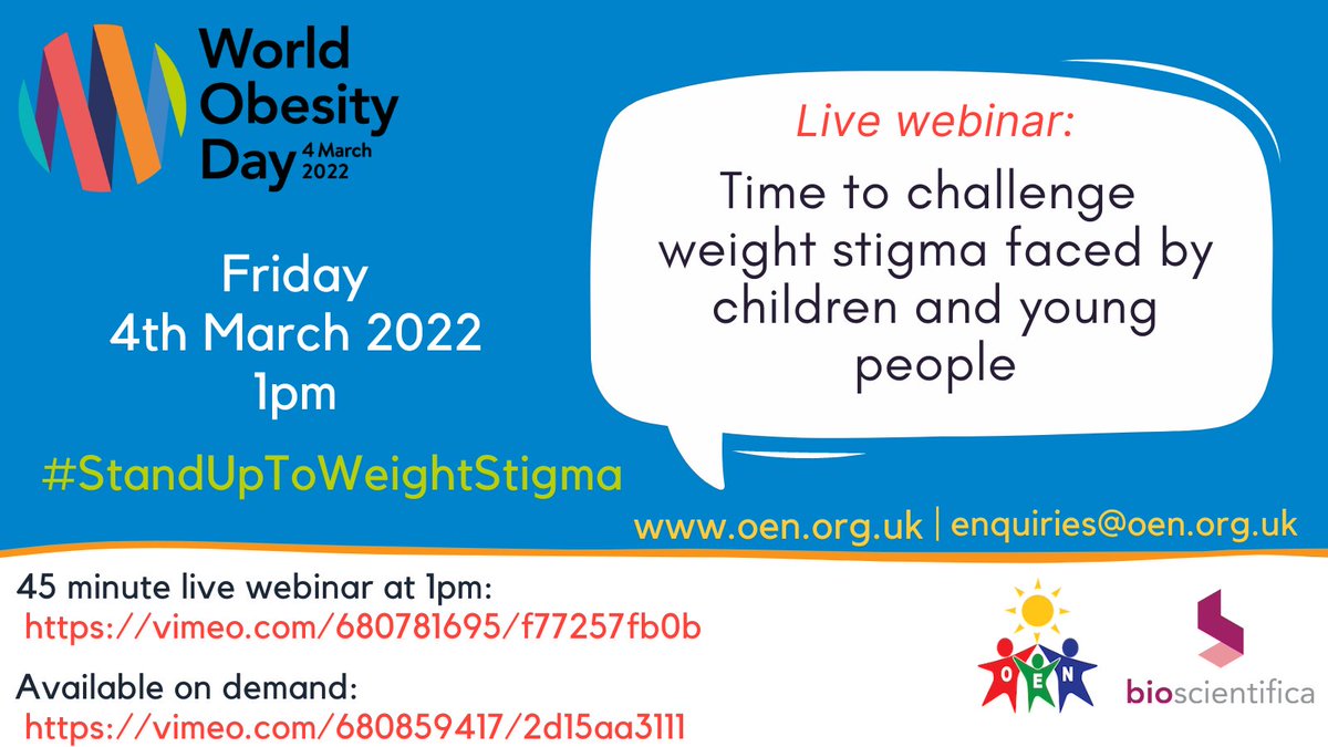 It’s time to challenge the #weightstigma children and young people experience. 

Join @OENUK, kindly hosted by @bioscientifica, to understand this important issue and contribute to change.

#WorldObesityDay #StandUpToWeightStigma #obesity