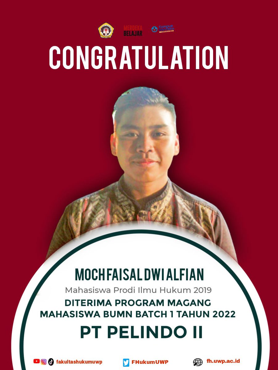 FHukumUWP's tweet photo. hallo lawfriends! ada kabar baik nih, salah satu teman kita yang diterima program magang mahasiswa.
Faisal dari semester 6 yang diterima dalam Program Mahasiswa Magang BUMN (PMMB) diterima di PT. PELINDO II 
selamat ya faisal, semoga bisa untuk bekal kedepannya https://t.co/WXyz65Nsps