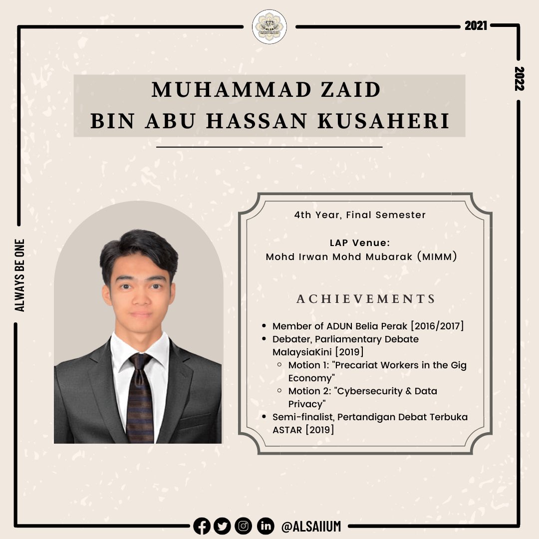 ALSA_IIUM's tweet photo. ⚖️LAP &amp; Chambering Guide⚖️

Brought to you by, ALSA IIUM! This programme aims to assist AIKOL students to gain valuable insights from experienced seniors for their upcoming LAP and chambering.

Get to know our speakers! https://t.co/Z1cLaYZCdh