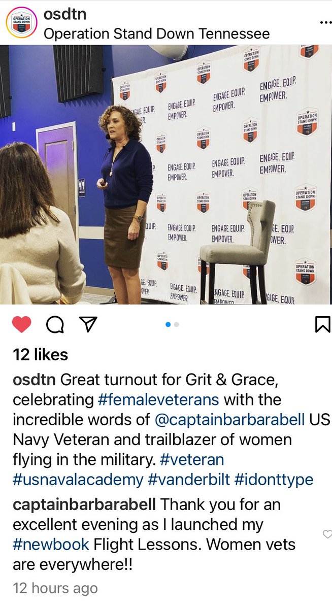CAPTBarbaraBell's tweet photo. Thank you to Eden Murrie and the team at Operation Standdown. I launched my book Flight Lessons last night to an audience of #womenvets and those who love them! https://t.co/ulhN1gzlA4