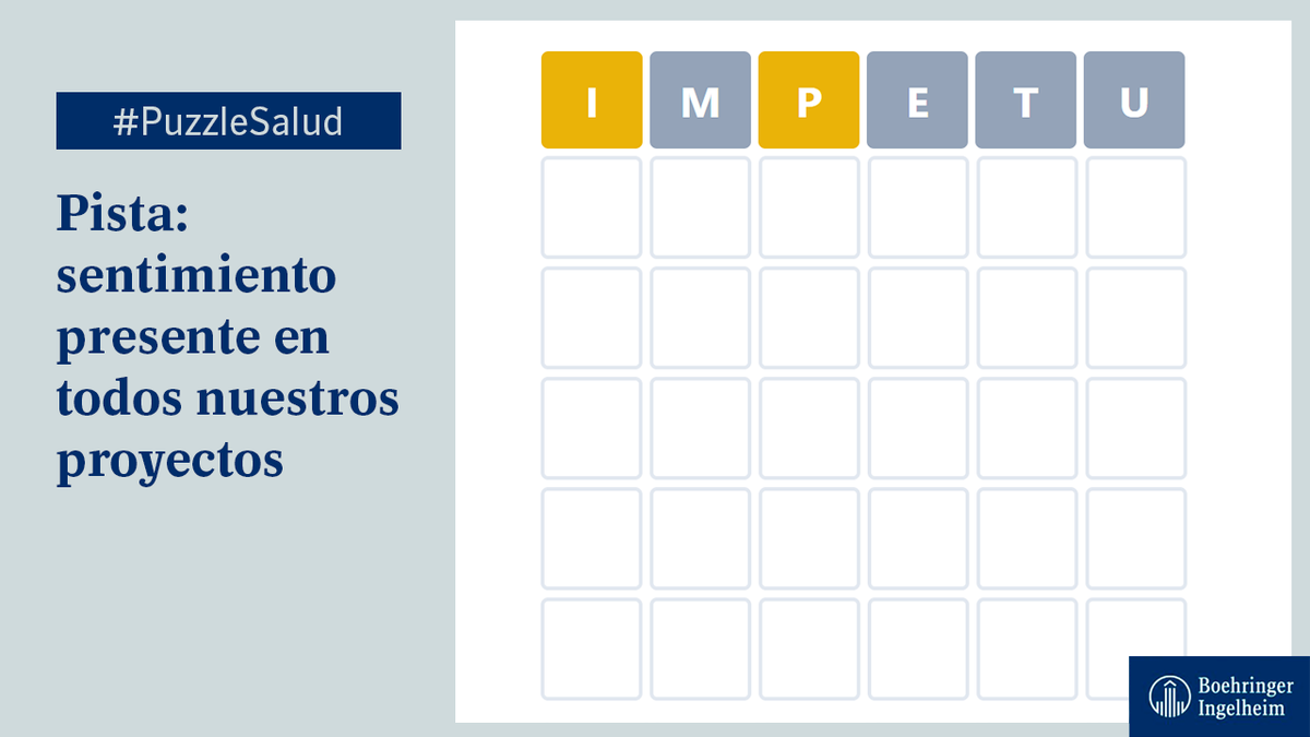 BoehringerES's tweet photo. ¡Nuevo #PuzzleSalud! Pista: sentimiento que invade todo lo que hacemos, que experimentamos en nuestro día a día y transmitimos en nuestros proyectos.

🟩 letras correctas.
🟨 letras presentes en otra posición.

🔗 https://t.co/z5Mpw1I2S8

¿Lo tienes? ¡Comparte este #wordle! 👇 https://t.co/3wy3X63cKb