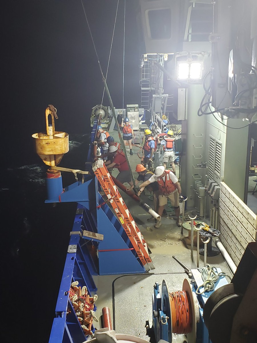 rv_neil's tweet photo. #OnABender. Piston coring is a challenge in this here deep. Best laid plans sometimes take a turn. Our talented crew put their veteran heads together to bring this bent core aboard safely. Science was even able to sample the mud. #pistoncoring #nsffunded #whoi #PuertoRicoTrench https://t.co/t7TuOn8MGE