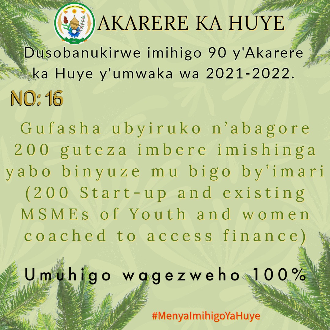 HuyeDistrict's tweet photo. Umuhigo wa 16 w'Akarere ka Huye muri uyu mwaka wa 2021-2022 ni uwo gufasha urubyiruko n'abagore 200 guteza imbere imishinga yabo binyuze mu bigo by'imari.

Uyu muhigo wagezweho 100%, n'abafashijwe bakomeza gukurikiranwa no kugirwa inama zo gukora neza. 

#MenyaImihigoYaHuye https://t.co/N7TowrZ0ga