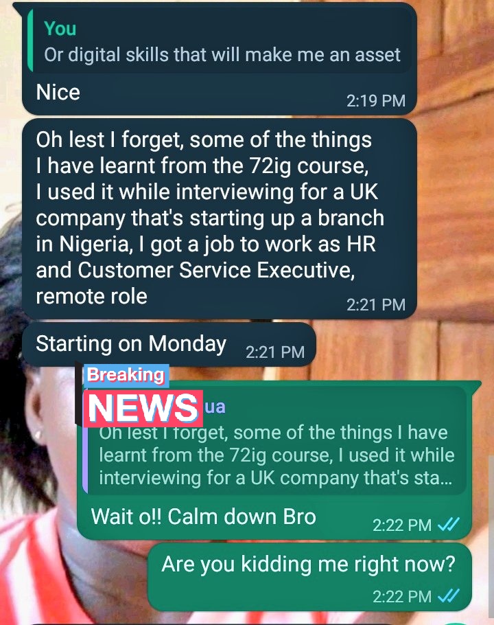 Oga_geeflex's tweet image. GOOD NEWS All the way!

My friend @JoshuaAwusa has been watching my status and all I say about the 72IG Course

He got the course for 60k and he started studying

Used what he learned in the course for an interview &amp;amp; got the job

He starts on Monday
God bless you @toyinomotoso