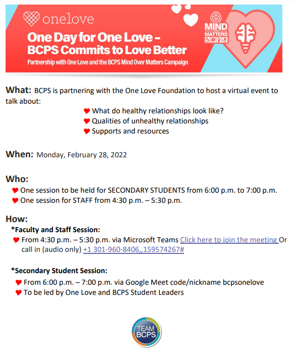 BCPS Staff and Secondary Students - Please join us on 2/28 as we partner with <a href="/Join1Love/">One Love Foundation</a> to learn about healthy relationships. <a href="/BaltCoPS/">Baltimore County Public Schools</a> <a href="/BCPS_OSC/">Office of School Climate and Culture</a> <a href="/WVUTRICIA/">Mrs. M</a> <a href="/BcpsMTSS/">BCPS MTSS</a> <a href="/BCSCsocial/">BCSC</a> <a href="/BaltCoSMOB/">BCPS SMOB</a> <a href="/BCPS_SSW/">BCPS Social Workers</a> <a href="/BCPScounseling/">BCPSSchoolCounseling</a> @bcpschoolpsychs