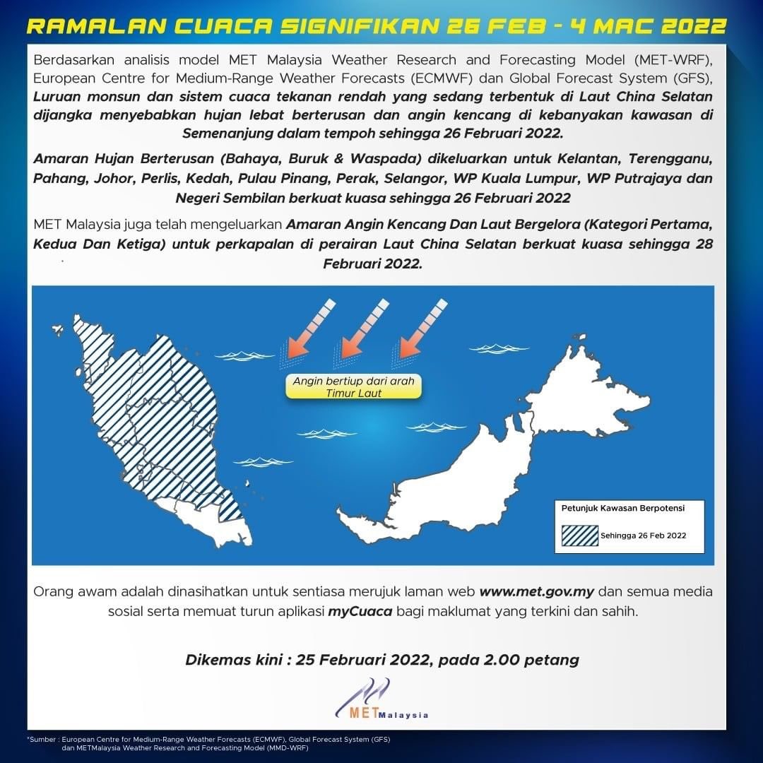 PERHATIAN PENTING
STAY SAFE

Dikeluarkan pada | 25 Februari 2022, 2:00 petang

Rakyat Malaysia dinasihatkan agar sentiasa berhati-hati dan patuhi SOP.

#KementerianAlamSekitarDanAir
#KeluargaMalaysia
#KASA
#METMalaysia