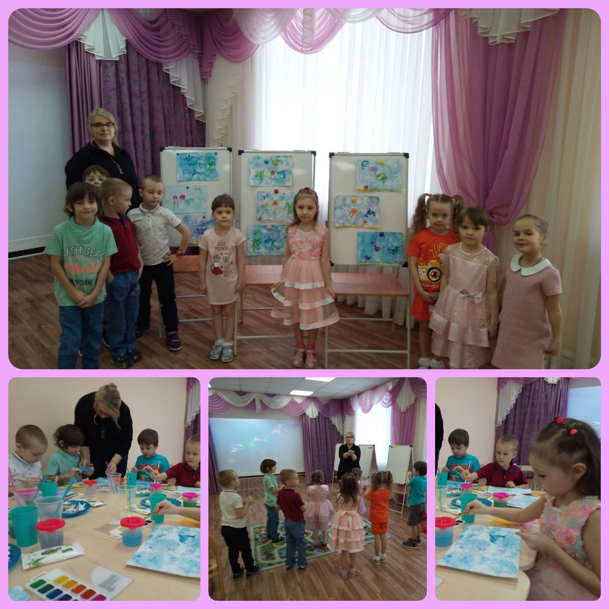 Продолжаем работать над год. задачей: на открытом занятии по нетр. техникам рис-я  воспит. ст. гр. "Солн лучики" с педаг. Жижиной С. М. побывали в морском путешествии. Свои впечатления дети отобразили в работах с помощью рисования мыльными пузырями, выдувания, штамповкой и т. д.