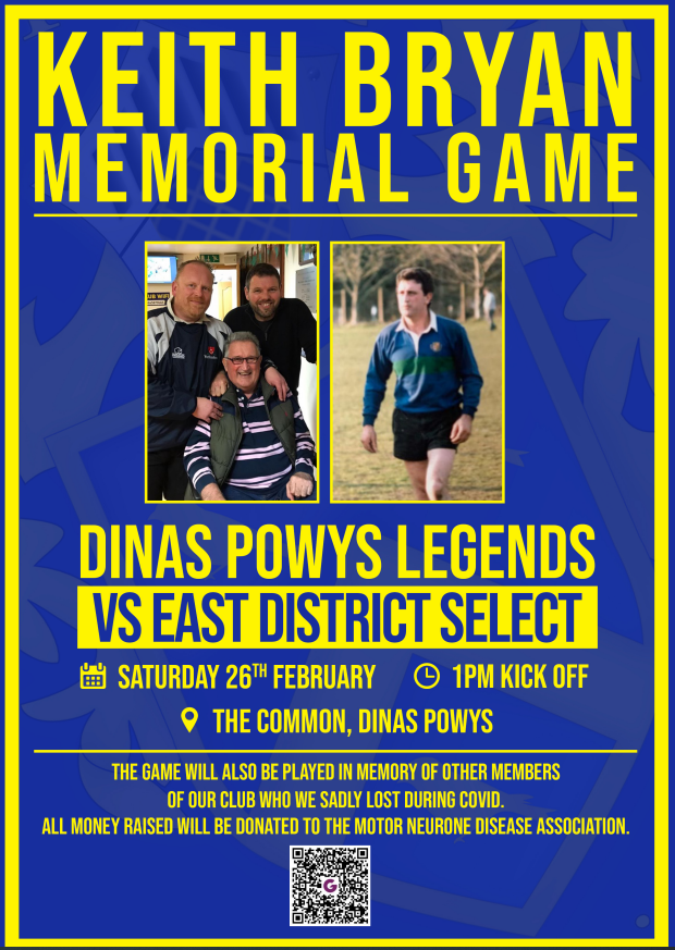 DinasPowysRFC's tweet photo. 💛💙KEITH BRYAN MEMORIAL GAME💙💛
Dinas Powys RFC v East District Select XV
Saturday 26th Feb - KO 2:30pm - The Common
A charity game to honour the memory of Keith, all funds will got to @MotorNeuroneDisease Association

All welcome ! https://t.co/H4NoAiLdsN
