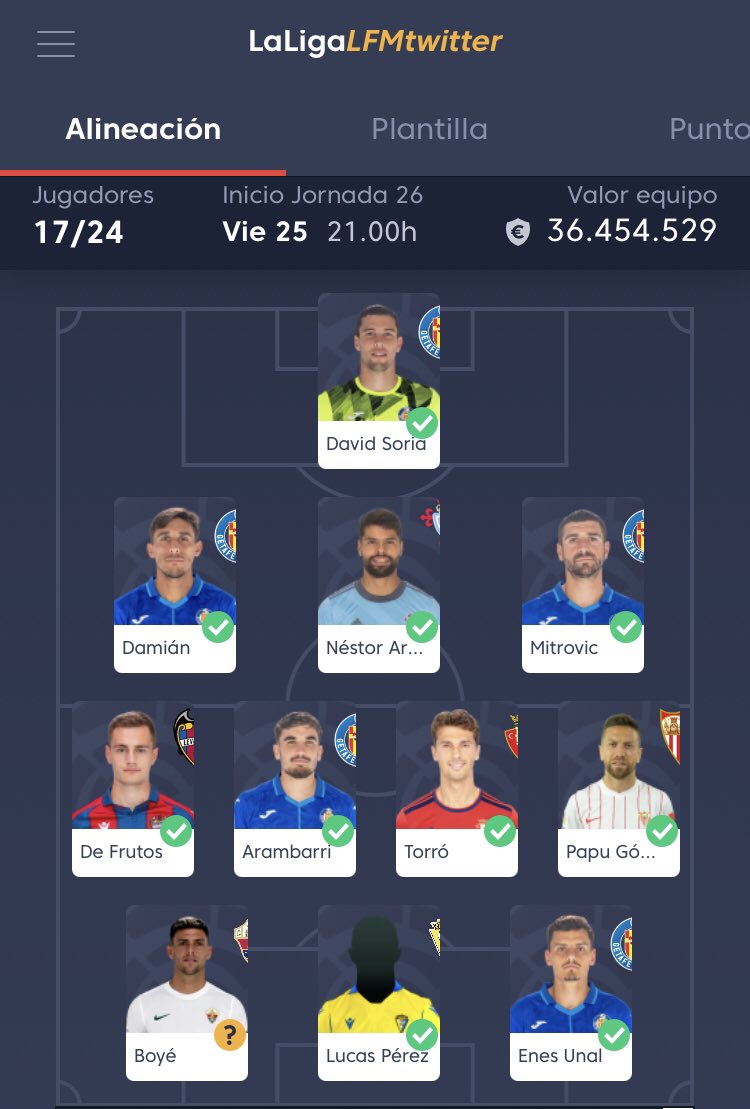 🚨Mi 11 para la Jornada 2️⃣6️⃣ en #LFMSrMinguez 🏆 <a href="/FantasyLaLiga/">Fantasy LALIGA</a> Patrocinado por <a href="/DeporteParaiso/">Paraiso del Deporte</a> 🤩

A ver esos onces cracks <a href="/julianCHross/">Julian Ross</a> <a href="/Anhaksunamum/">Anhaksunamum</a> @josmiz2 @ToBaFe <a href="/ra_plo/">Ramón 🍍</a> <a href="/DLCDLC5/">DLC DLC</a> <a href="/kingfantasy8/">kingfantasy</a> Suerte 🍀 

#LaLigaSeJuegaEnFantasy 🚀