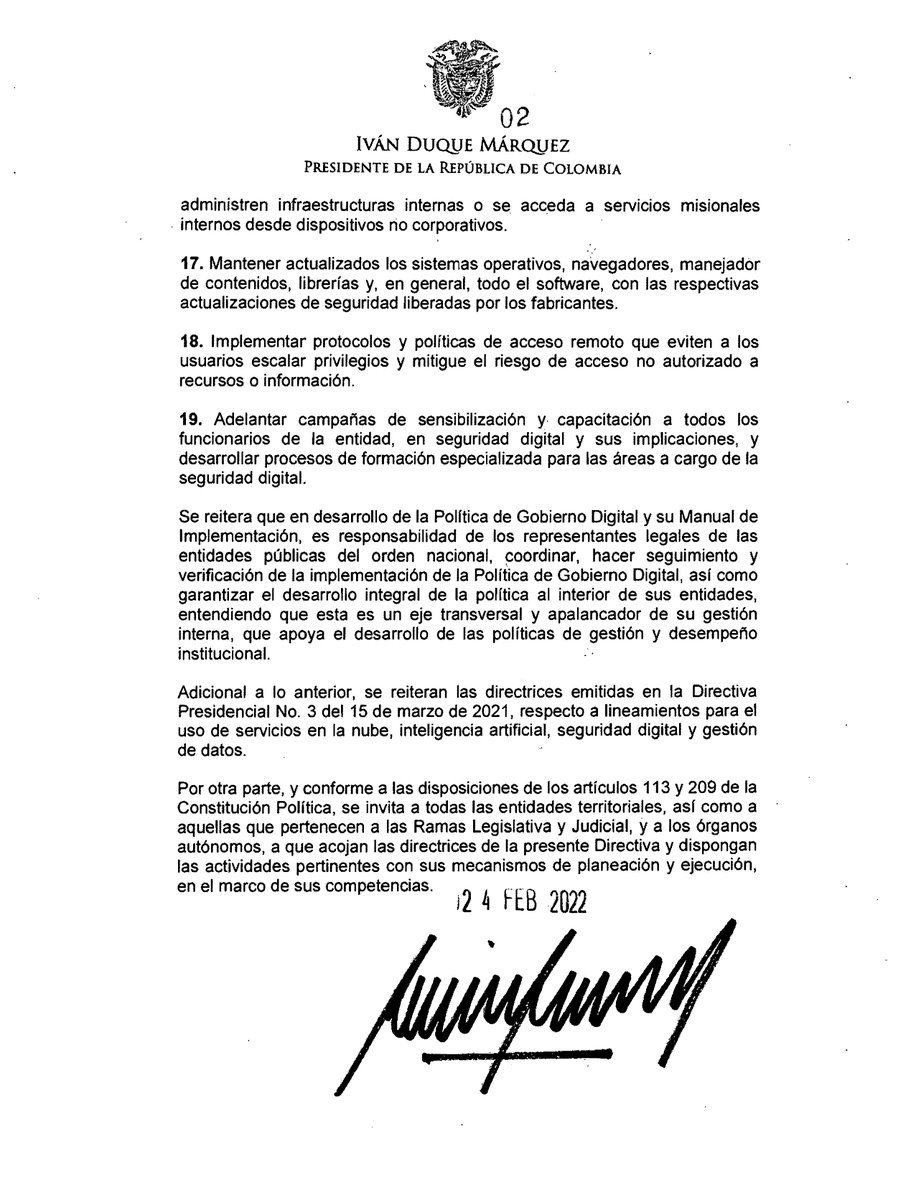 Les compartimos Directiva de la Presidencia de la República que reitera la política pública en materia de #Ciberseguridad

Vía <a href="/infopresidencia/">Presidencia Colombia 🇨🇴</a>