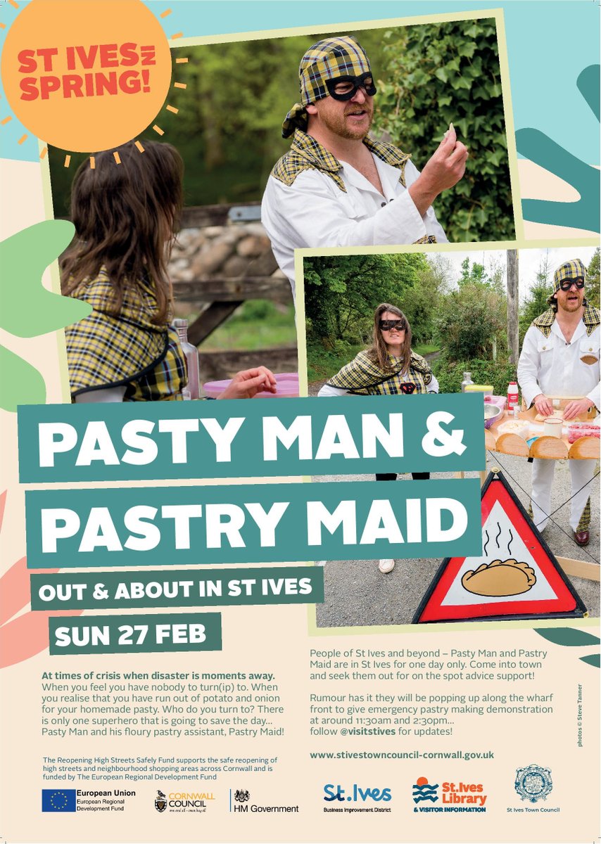 ☀️ The amazing superhero duo Pasty Man and Pastry Maid will be making an appearance in St Ives this Sunday! Rumour has it they will be on the harbour front at 11:30 and 14:30 for EMERGENCY pastry making demonstrations!

Part of St Ives Welcome Back events funded by the ERDF.