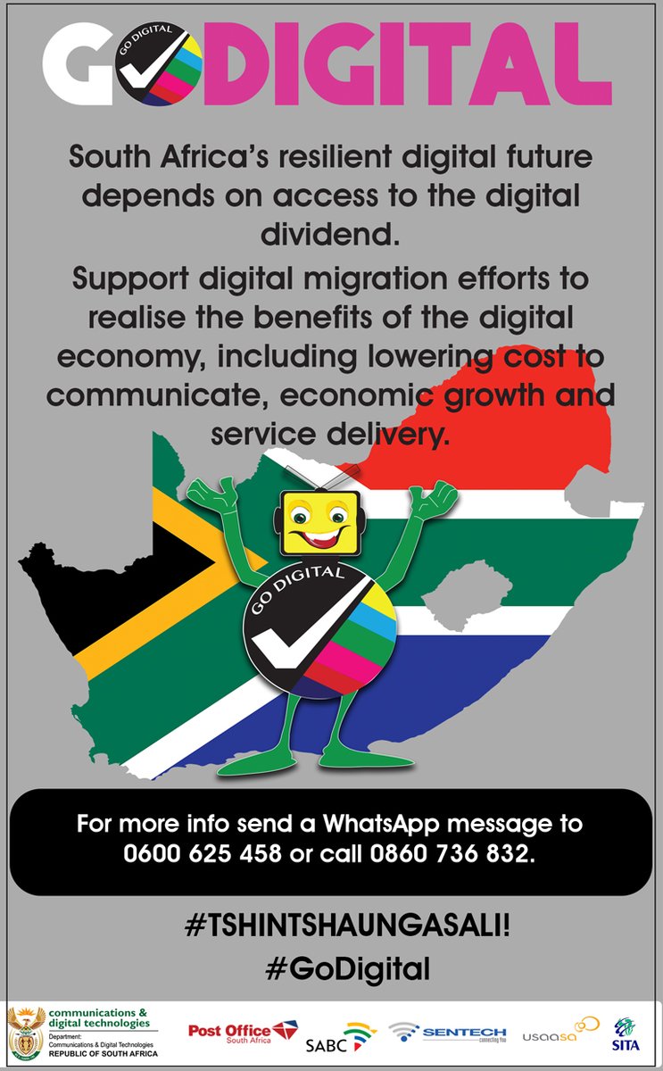 No more snowy TV and restricted SABC radio channels!
Digital television offers you:
Clearer picture quality.
More free-to-air channels than the current four on an analogue TV. 
All 19 SABC radio channels irrespective of where you are in South Africa.
#Tshintshaungasali
#GoDigital