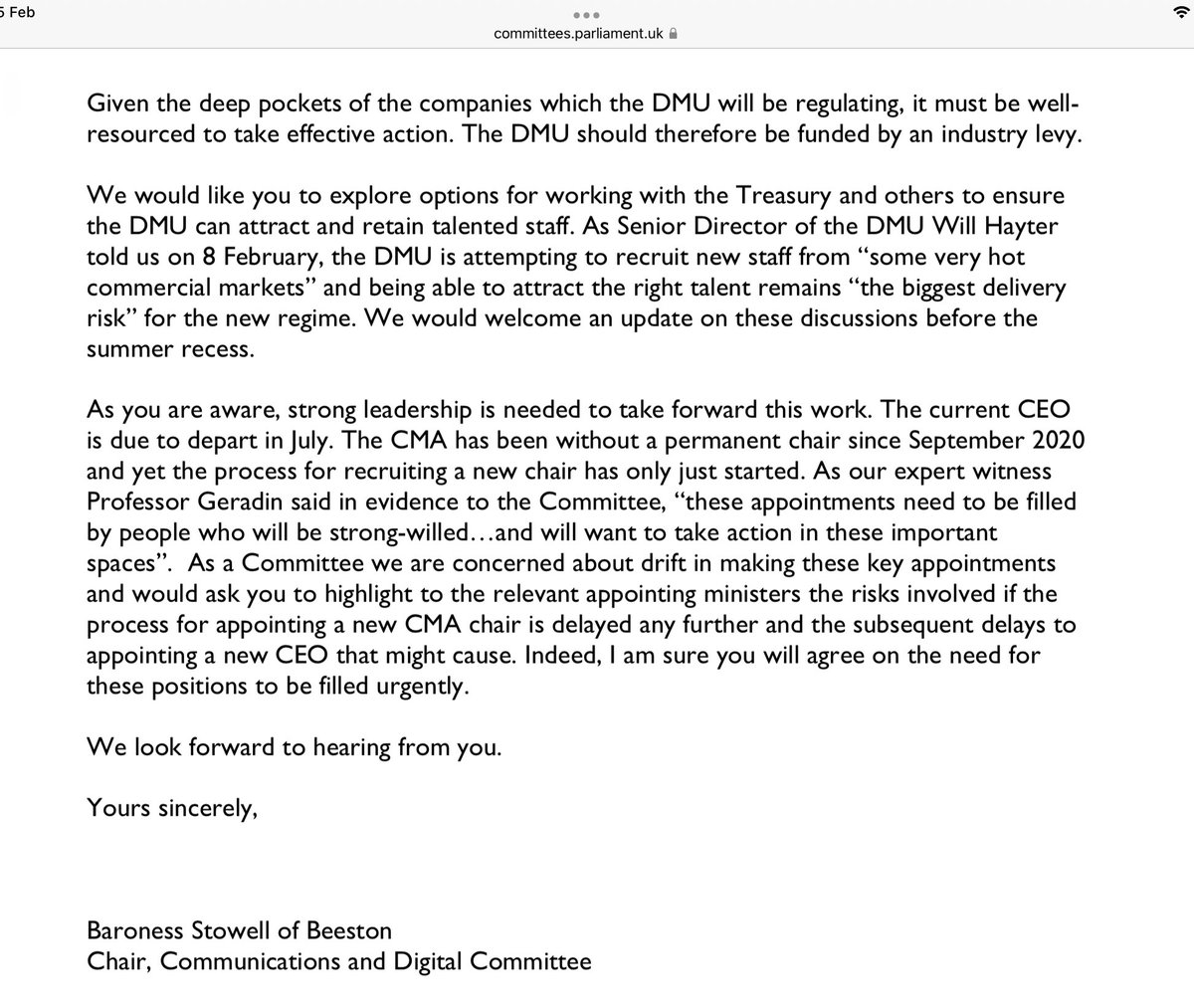 My letter to <a href="/CPhilpOfficial/">Chris Philp MP</a> reinforced the Committee’s concerns about delays to the UK implementing its new pro-competition regime and urged swift action on legislation and the recruitment process for the <a href="/CMAgovUK/">Competition & Markets Authority</a> chair. 2/4