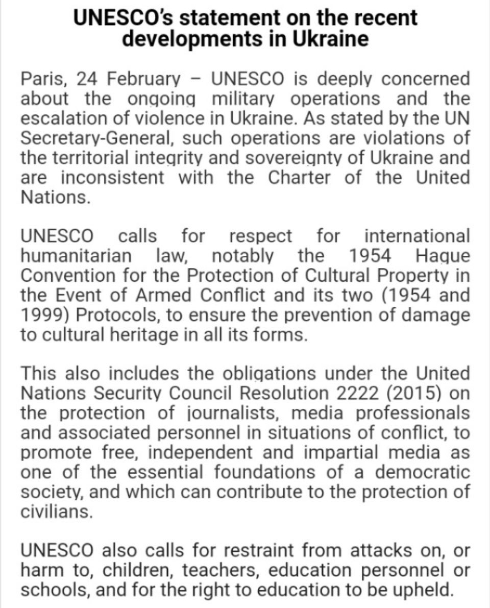 I fully support #UNESCO statement calling to stop aggression against #Ukraine and respecting the territorial integrity and sovereignty of this country, along with the #right of its people to live in #peace!