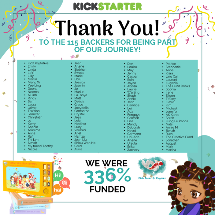 FishTalesRhymes's tweet photo. Thank you to the 115 backers who pledged. We will keep spreading the β€οΈ for #culturaldiversity through languages. A shout-out to @awongSW1 and @Dorveille_au for the 'collabs'. To the author community who are now my tribe. #kickstarter #bilingualkids #learnmandarin #musicalbooks https://t.co/u17CaKtDKm