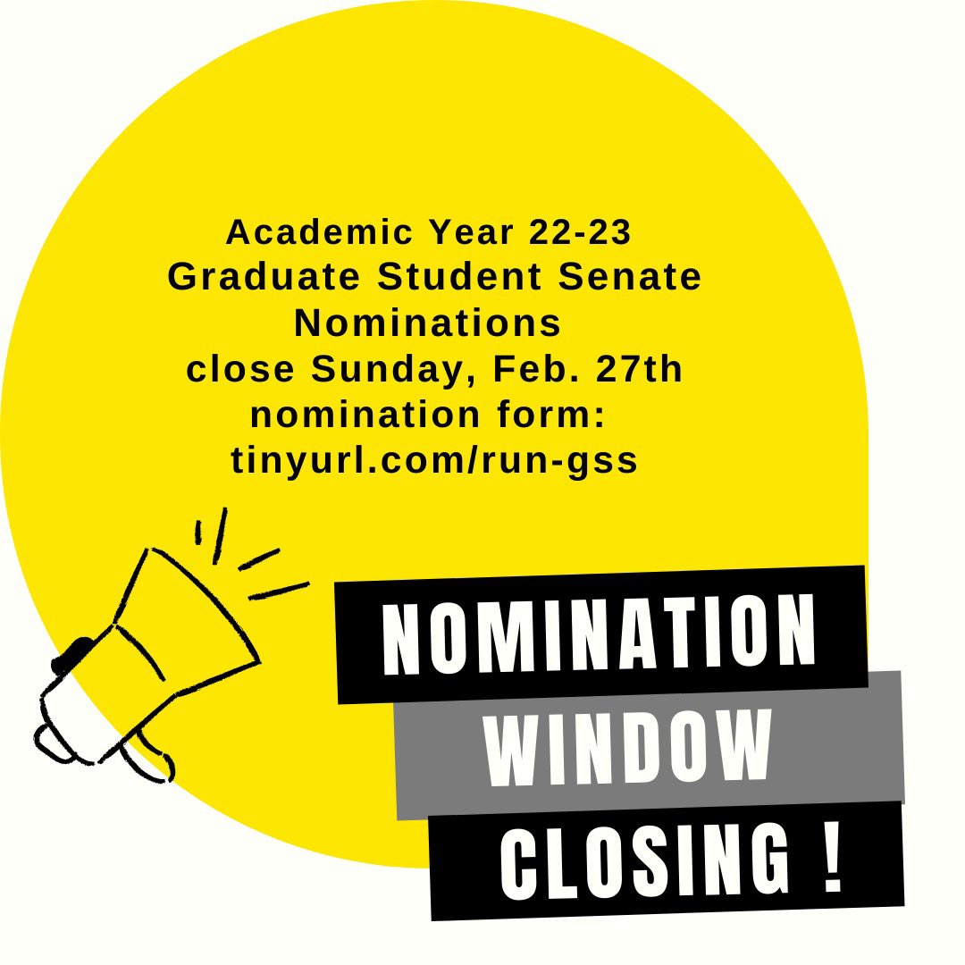 UNH_GSS's tweet photo. The nomination period for our election is closing soon! Want to get involved in advocating for policies that affect grad students and building a better community? Use this link: https://t.co/vLcQA1GfNV to nominate yourself or someone else to appear on the ballot. https://t.co/BJhswlMLli