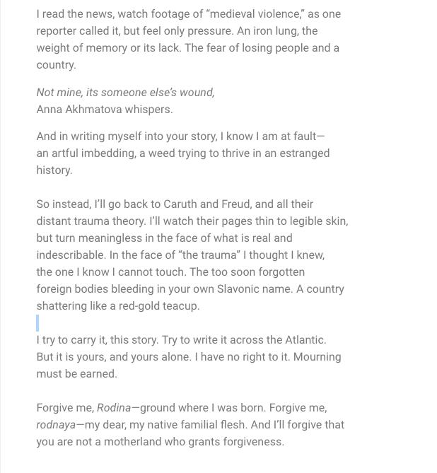 I wrote this to my birthplace the last time Kyiv was on fire, never imagining she would burn again. People fleeing, sheltering in the subway like the days of WWII my grandparents survived. Never imagining she could be on the verge of falling, again, at the hands of a tyrant.