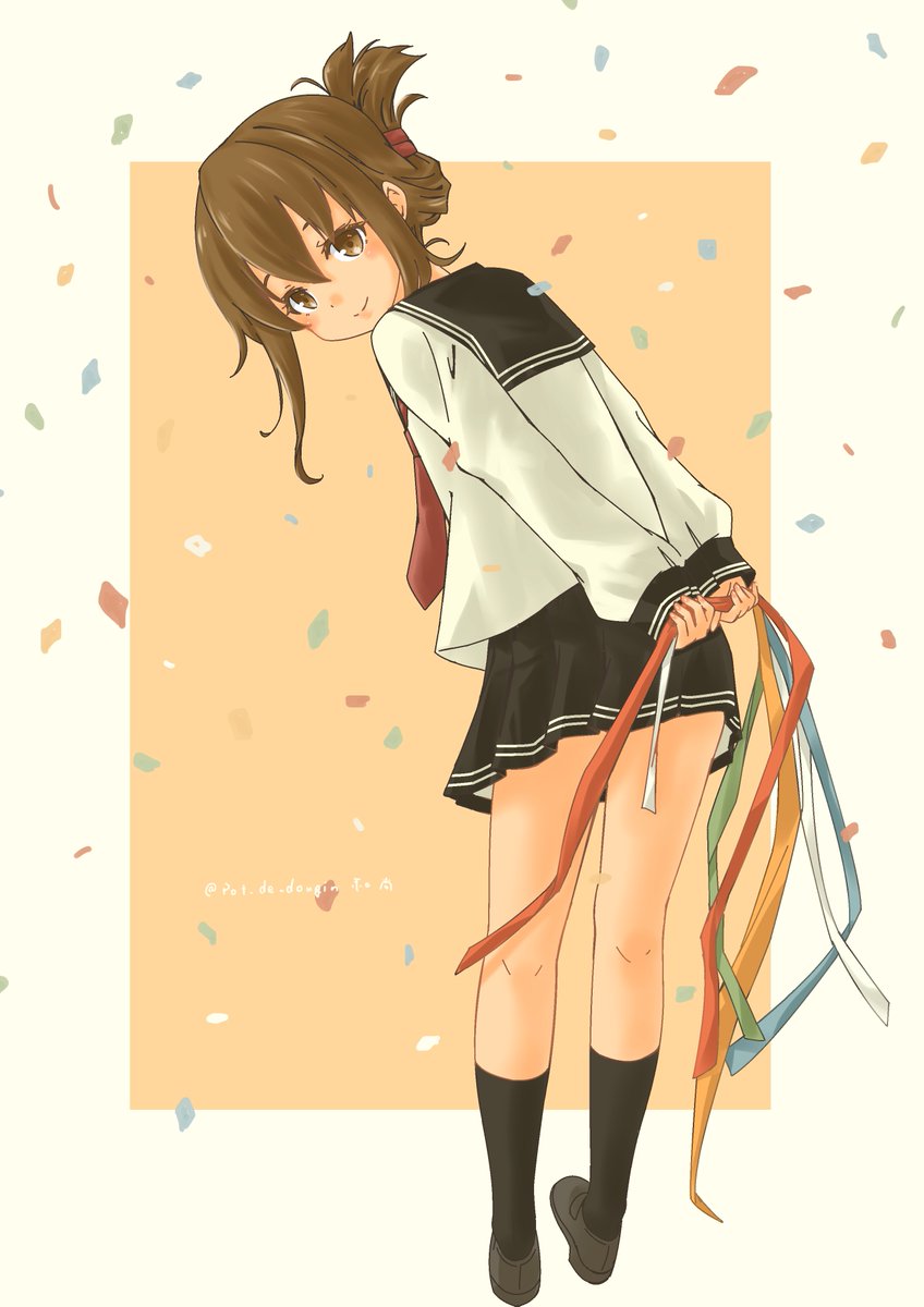 inazuma (kancolle) 1girl solo folded ponytail brown hair school uniform skirt serafuku  illustration images