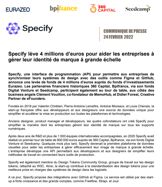 La start-up 🇫🇷 <a href="/specifyapp/">Specify</a> qui développe une interface de programmation (API) afin de permettre aux entreprises de synchroniser leurs systèmes de design, lève 4M€ et prévoit de tripler son effectif en 2022 👏

👉bit.ly/3Hl77f1