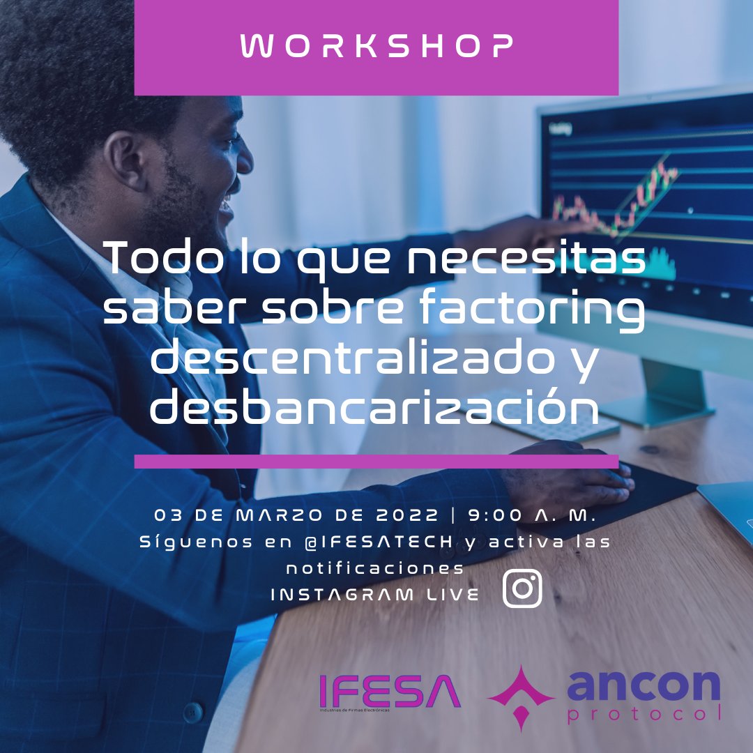 IFESATECH's tweet image. 🚀Participa del workshop gratuito y conoce cómo las tecnologías descentralizadas, blockchain ayudan al sector financiero a acelerar el proceso mediante la tokenización de las facturas. 

Síguenos en Instragram, activa las notificaciones y prepara tus preguntas
#Anconprotocol