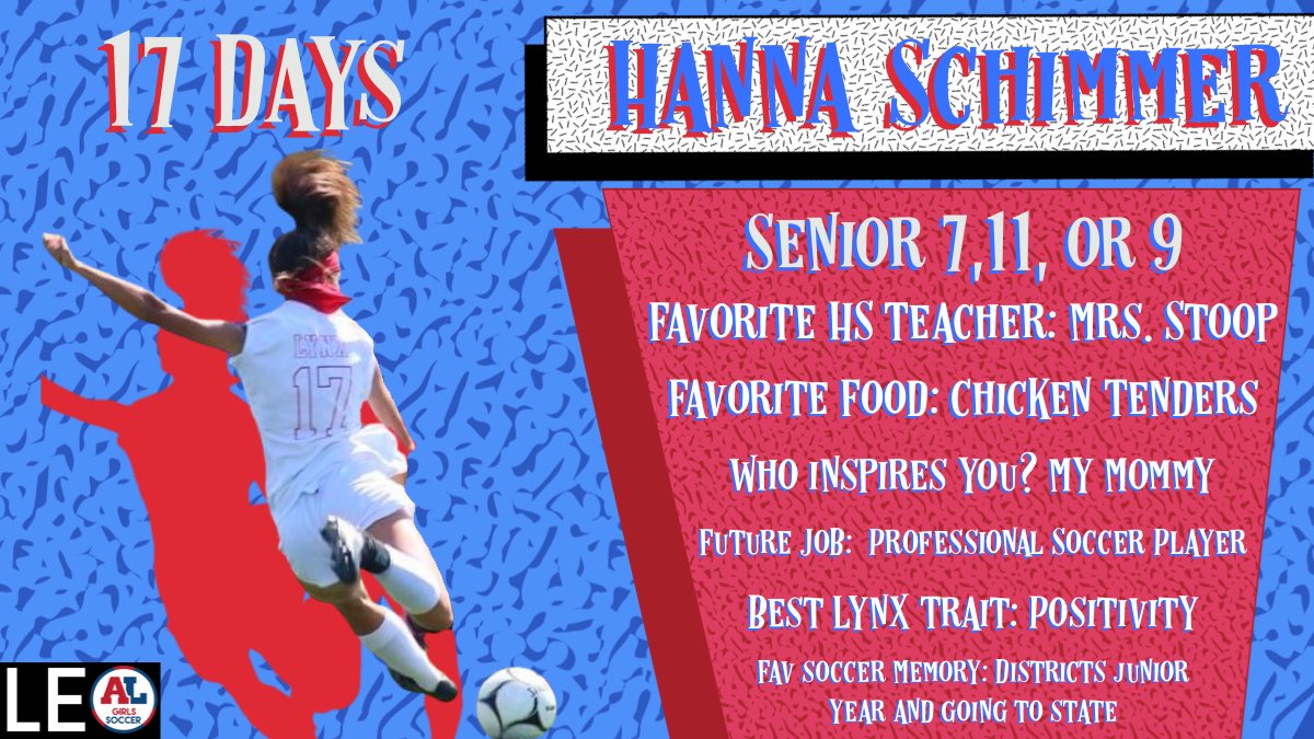 The Lynx Player Countdown continues with Captain Hanna Schimmer! As an All-Conference and All-State player, Hanna averaged a goal a game last year! Hanna brings the toughness, speed, and skill along with lots of smiles everyday!
We love having Hanna on our team!
#WPTSRC #LEO