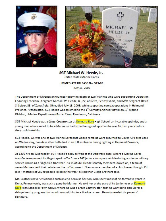 ToddGibneyPSU's tweet photo. Mark your calendars.  The 13th Annual SGT. Mike Heede, Jr. 5K &amp; Walk will be May 7, 2021 at KDHS.  Re-tweet, put on social media - whatever it takes to make this year the best yet.  For more about SGT Heede’s story, see attached or visit https://t.co/DSrqFzkv2R @kdcrosscountry https://t.co/Iei96NLmva