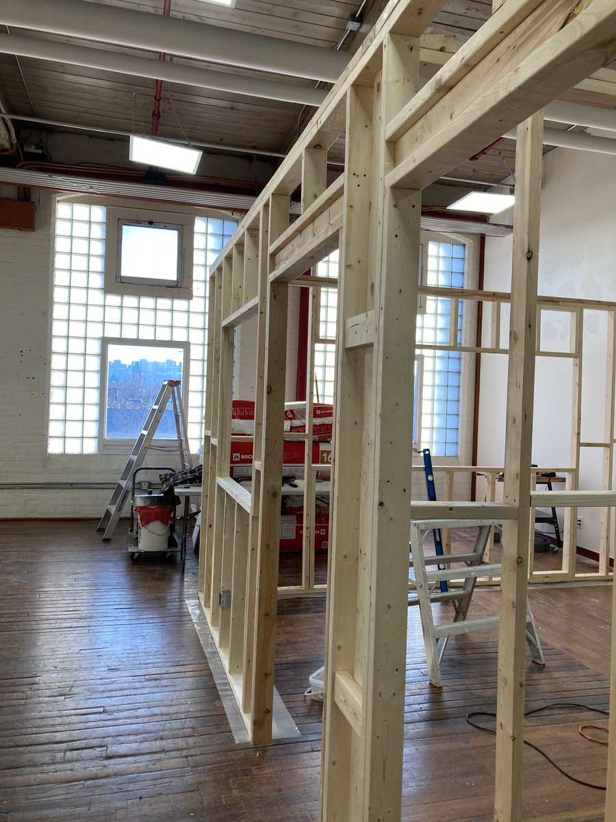 CoWorkFactory2's tweet photo. We are expanding our cowork space! We will have 4 new fully private offices ready April 1st'22. Took this photo last wk, today windows and walls going in. (more pics to come). Interested in joining waiting list? annette@coworkfactory.ca https://t.co/Y0tfbInX9g