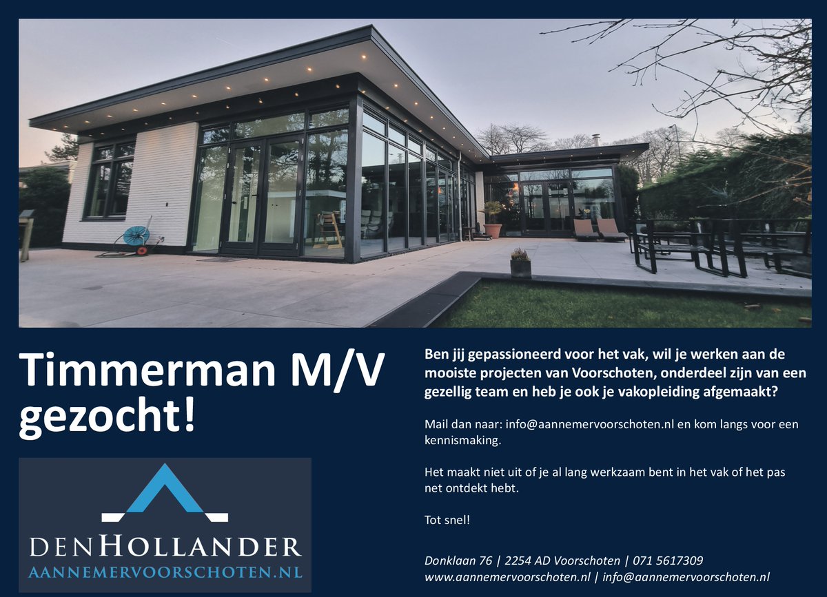 Vandaag ook in de Voorschotense Krant, waar anders? Ik ben op zoek naar een goede timmerman M/V. Ben jij of ken jij de juiste kandidaat? Mail dan naar info@aannemervoorschoten.nl.