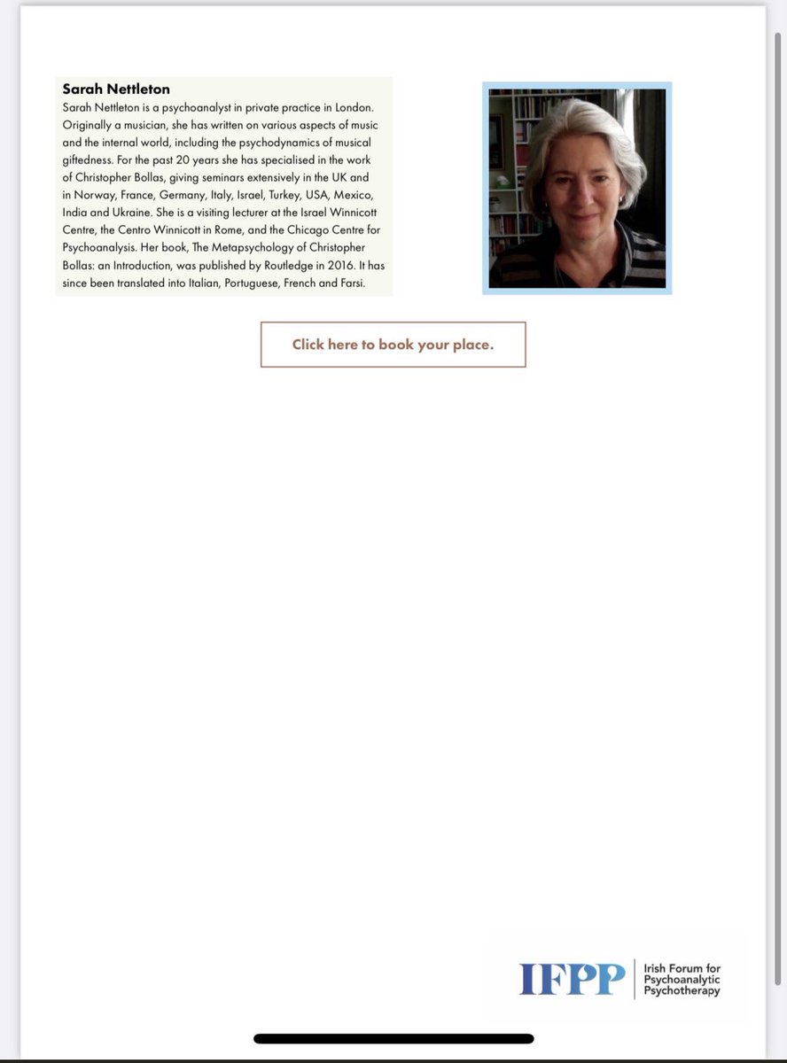 ifpponline's tweet photo. The Metapsychology of Christopher Bollas:
“Free Association and the Receptive Unconscious”

Speaker: Sarah Nettleton
 «Free association and the Receptive Unconscious».

https://t.co/kez4hXvfh6… https://t.co/db0EdZa3yT