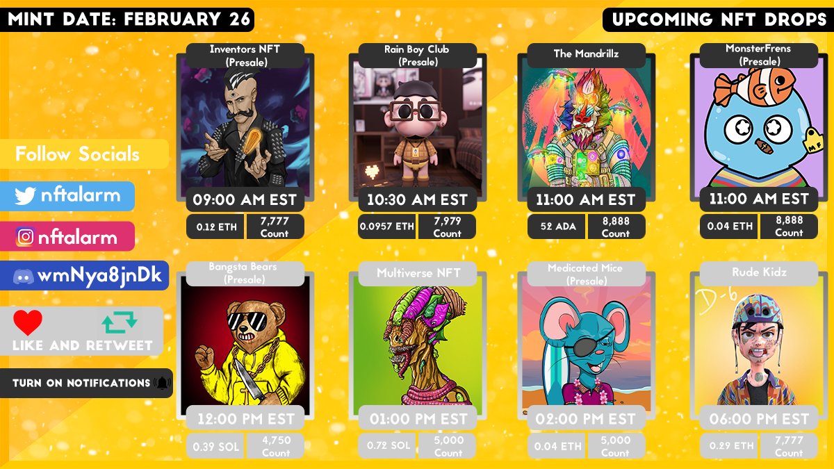 nftalarm's tweet photo. Upcoming NFT drops for February 26!🚨
#NFT #NFTs #NFTCommunity #nftcollector #NFTGiveaway  #NFTdrops #nftdrop #NFTartist  #nftart #SolanaNFTs #ethereumNFTs #nftalarm https://t.co/JdziJTQ09L