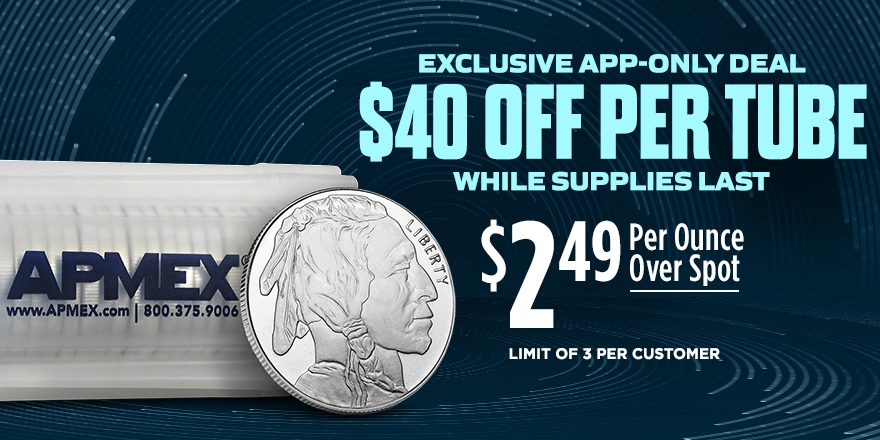 APMEX's tweet photo. Head over to the APMEX app now! We are offering a special deal on 1 oz Silver Buffalo Tubes of 20. You will receive $40 off the tube when you purchase through the app while supplies last! Limit 3 tubes per customer.

#APMEXApp #App #ShoppableApp

Shop now: https://t.co/AudUi1P0wd https://t.co/h1OpQ7NaOZ
