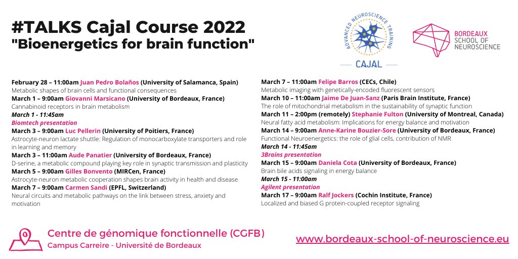 bdxneuroschool's tweet photo. 🔜Monday will be the first day of our #Cajal course on  #Bioenergetics for #Brain Function
🎙️Discover the list of the #talks 👇👇👇
📍@cgfbordeaux
🎟️Open to everybody

@Neuro_Bordeaux @FENSorg @ibroSecretariat 
@Cajal_Training @MarsicanoLab @ann_kar14 @bolanosjuanp 
#neuroscience https://t.co/NnAD7UhAIt