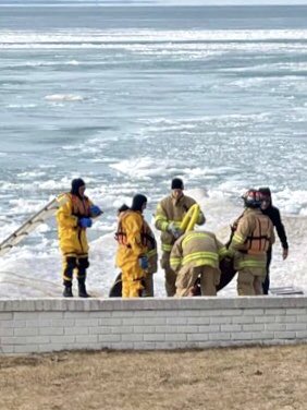 Thursday afternoon D-Shift <a href="/SarniaFire/">Sarnia Fire Rescue</a> firefighters rescued a dog that went over an ice berm and fell through the ice. Firefighters have the training and equipment to perform this type of rescue. Do not attempt venturing onto unsafe ice at any point.
