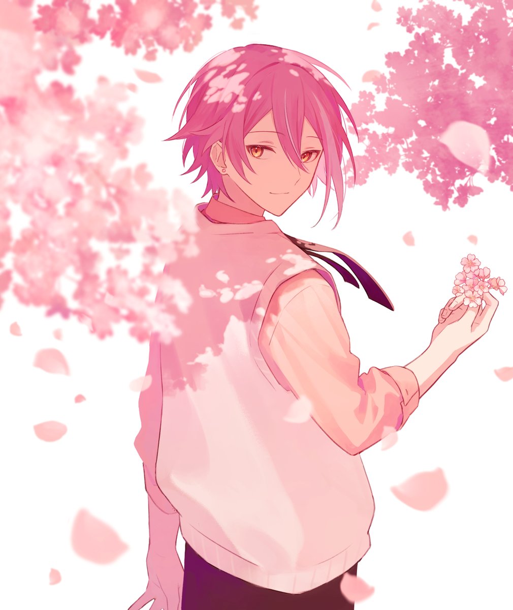 1boy male focus cherry blossoms pink theme pink hair solo looking at viewer  illustration images