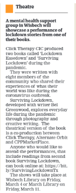 Clicktherapyuk's tweet image. Nice piece in todays @wisbechstandard about our for coming events in collaboration with @CPPMarketPlace and #alternateorbit at #wisbechlibrary and #marchlibrary over the next couple of weeks #thefens #theatre #books #readings #mentalhealth #survivinglockdown #lockdown