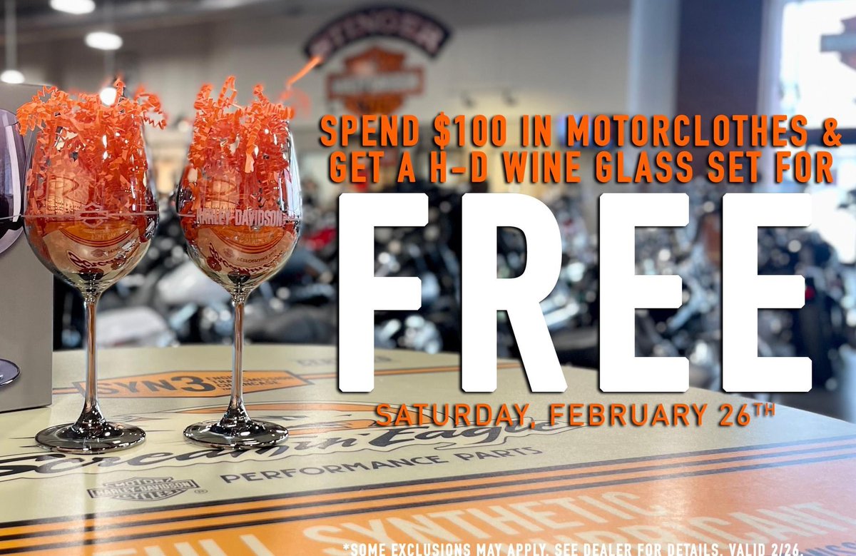 StingerHarley's tweet photo. Who's got the wine? 🍷

This Saturday when you shop in Motorclothes and spend $100, you'll get a free Harley-Davidson® wine glass set! 

While supplies last. See dealer for complete details. Offer valid 2/26. https://t.co/LVKURc98p0