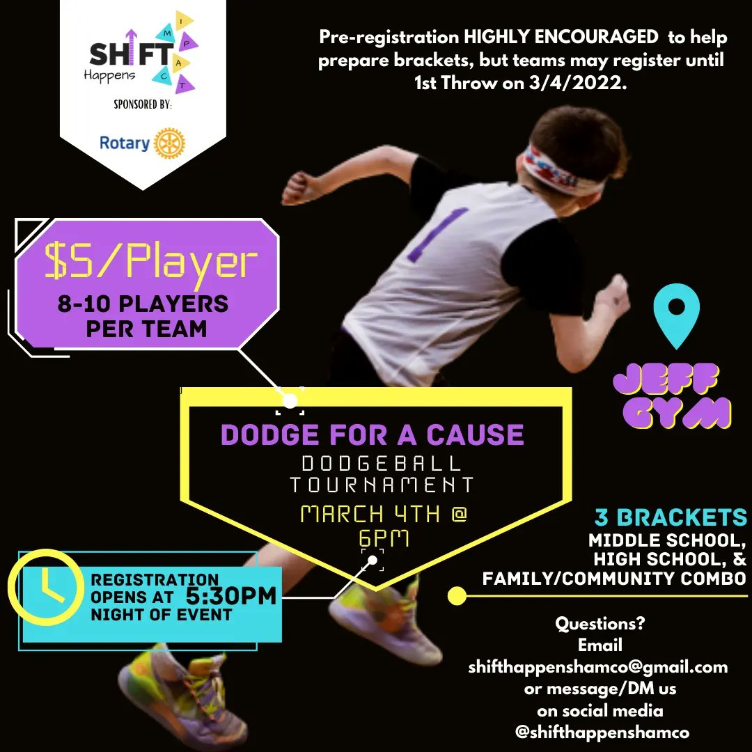 SHIFTHappensWC's tweet photo. 1️⃣Week 'til #DodgeForACause returns to📍Jeff Gym in #WebsterCity {📆Fri 3/4}.
3️⃣ Registration options👇
➡️Grab Paper Forms from WC Middle School/High School, @MGCoffeeShop', or Fuller Hall &amp; bring to sign-in 
➡️Print &amp; turn in forms from: https://t.co/vc4AGQbBvu
{1/2}
💜💙💛⚫ https://t.co/pCOFYWZpEJ