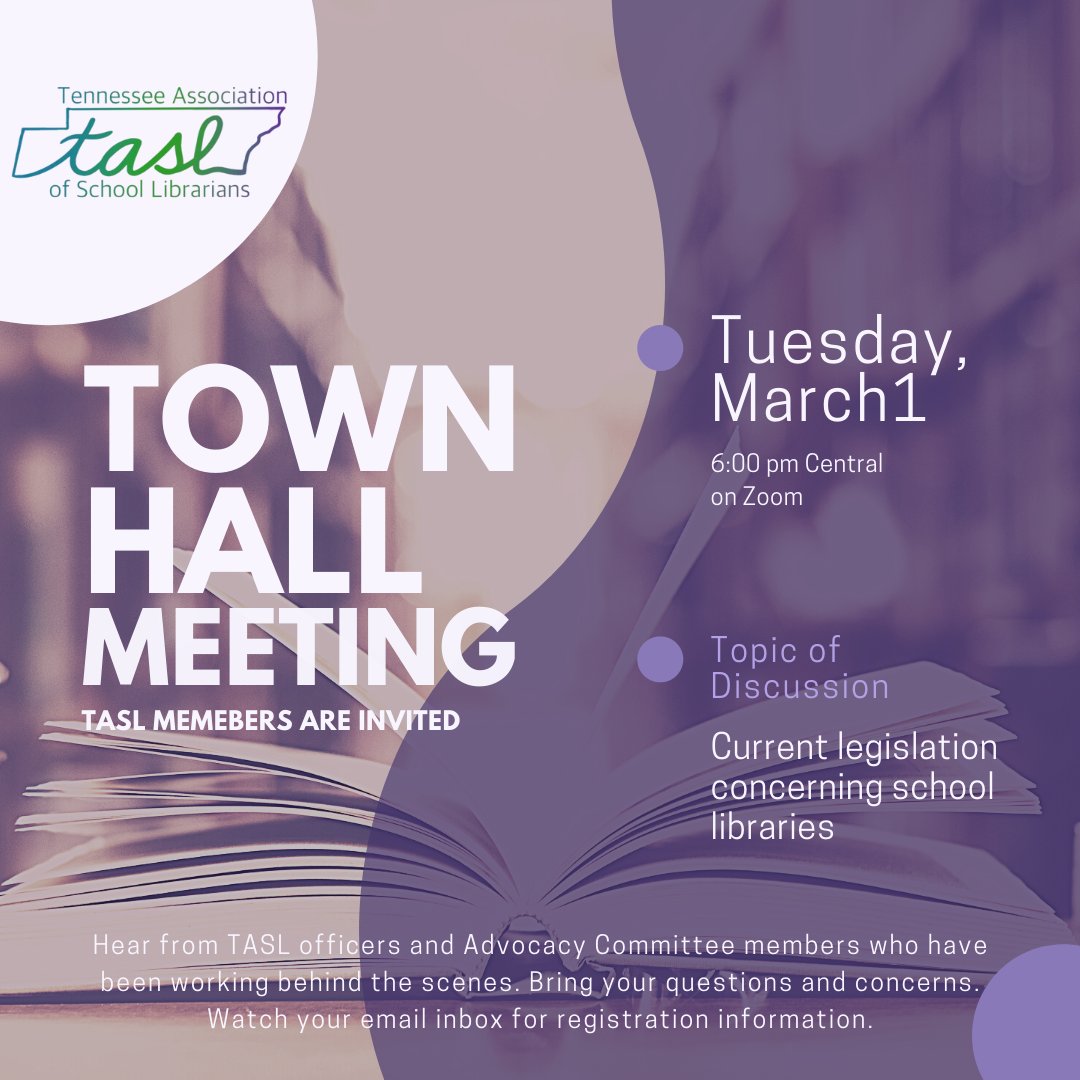 TASLTN's tweet image. Join us Tuesday evening and bring your questions concerning current and proposed legislation regarding school libraries, librarians, and Tennessee's students.
Register here: bit.ly/3M2KUGg
#FreeForMembers #bettertogether #Freadom