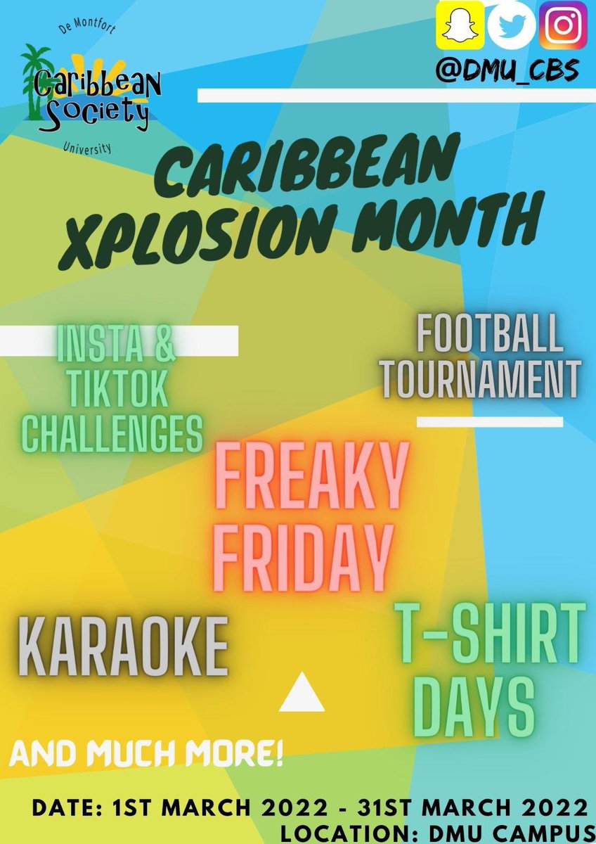 DMU_CBS's tweet photo. *FAMALAYYYYYYY!!* 🔊🔊🔊🔊
DMU CBS presents Caribbean Xplosion Month*! _1st - 31st March 2022_ 

A monthlong of activities to spread awareness of the Caribbean culture, networking and pure fun! Activities include: Karaoke Night, Pillow Talk, Instagram &amp; TikTok Challenges!!! https://t.co/0o7iIQqzQU