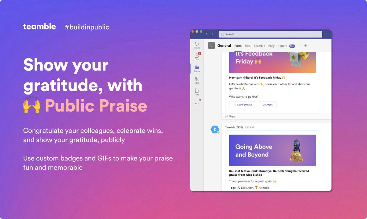 TeambleTeam's tweet photo. 🎉 Friday #buildinginpublic update

🚀 We shipped something really fun this week: 🙌 Public Praise

A new way to celebrate your wins 💪, congratulate your teammates 👏, and show your gratitude 🙏, together. Publicly on @SlackHQ and @MicrosoftTeams  channels.
#gratitude #teamwork https://t.co/vkXjjN0Nyw