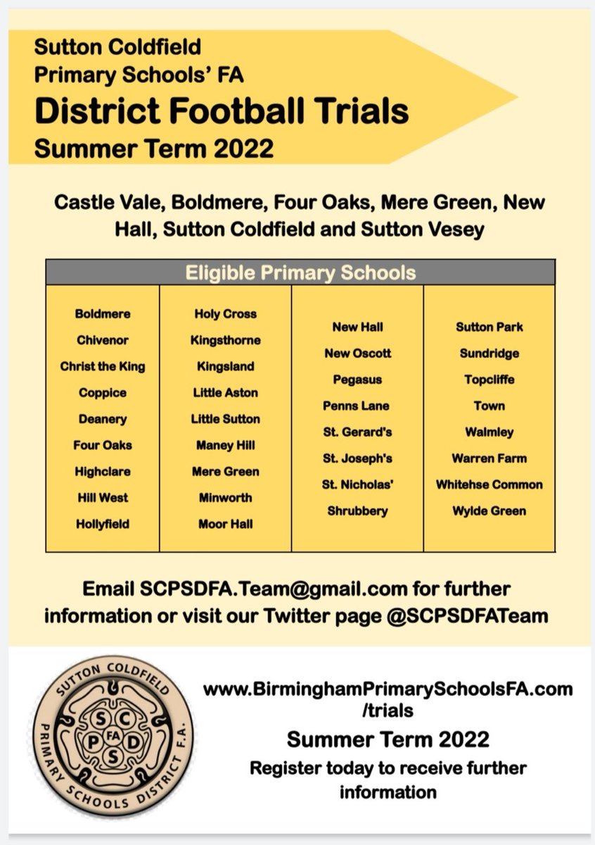 2022 DISTRICT TRIALS: Sutton Coldfield <a href="/SCPSDFATeam/">Sutton C'field PSDFA</a>
📆Current u8s,u9s and u10s
birminghamprimaryschoolsfa.com/trials 
📍Sutton Coldfield 
📍Castle Vale 
📍Mere Green 
📍Four Oaks
📍Little Aston 
📍Boldmere 
📍New Hall
📍Sutton Vesey