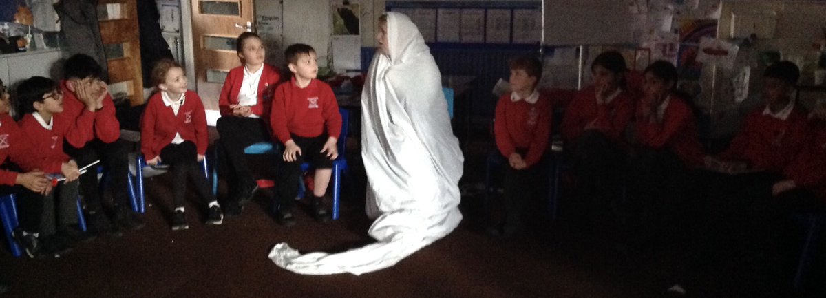 Today we continued our adventure stories for the Storytelling festival.  Then in the afternoon, we had an strange, unexpected visitor.  The room suddenly went dark and the White Lady from Samlesbury Hall appeared to tell us her LOCAL HISTORY story. #lancssls @HLLancashire