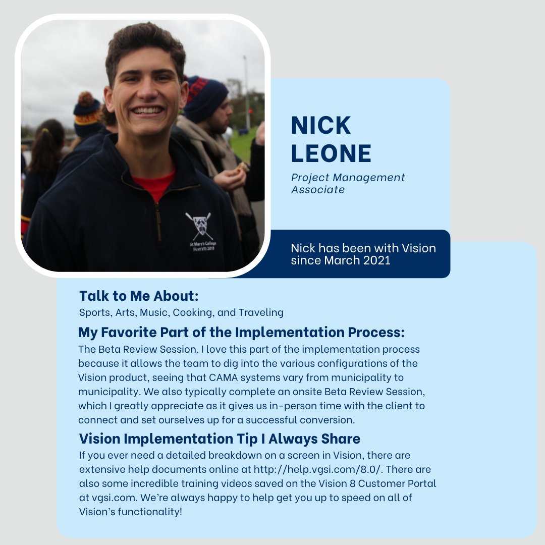 Vision_Gov's tweet photo. Next up in our monthly employee spotlight: Nick Leone! Nick is a Project Management Associate who has been with Vision since March 2021. Talk to Nick about sports, arts, music, cooking, and traveling - or the Beta Review session. Thank you for being your amazing self, Nick! https://t.co/cm9Qd91EtN