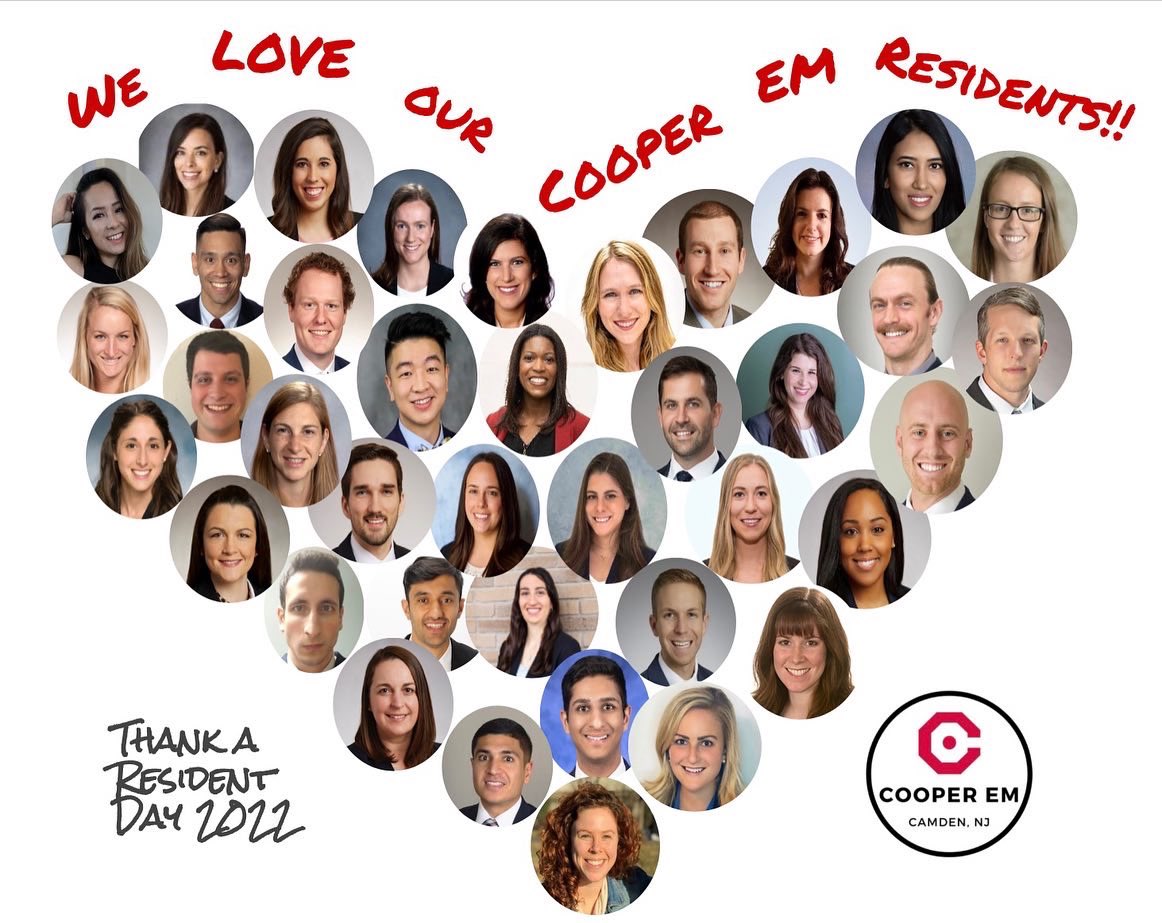 CooperEMed's tweet photo. Happy #ThankAResidentDay to the best #emresidents in the world! YOU make the #cooperfam ❤️ Your hard work, compassion, resilience, humor &amp; commitment are appreciated today &amp; everyday. 🙏 https://t.co/Juj52Wcw6s
