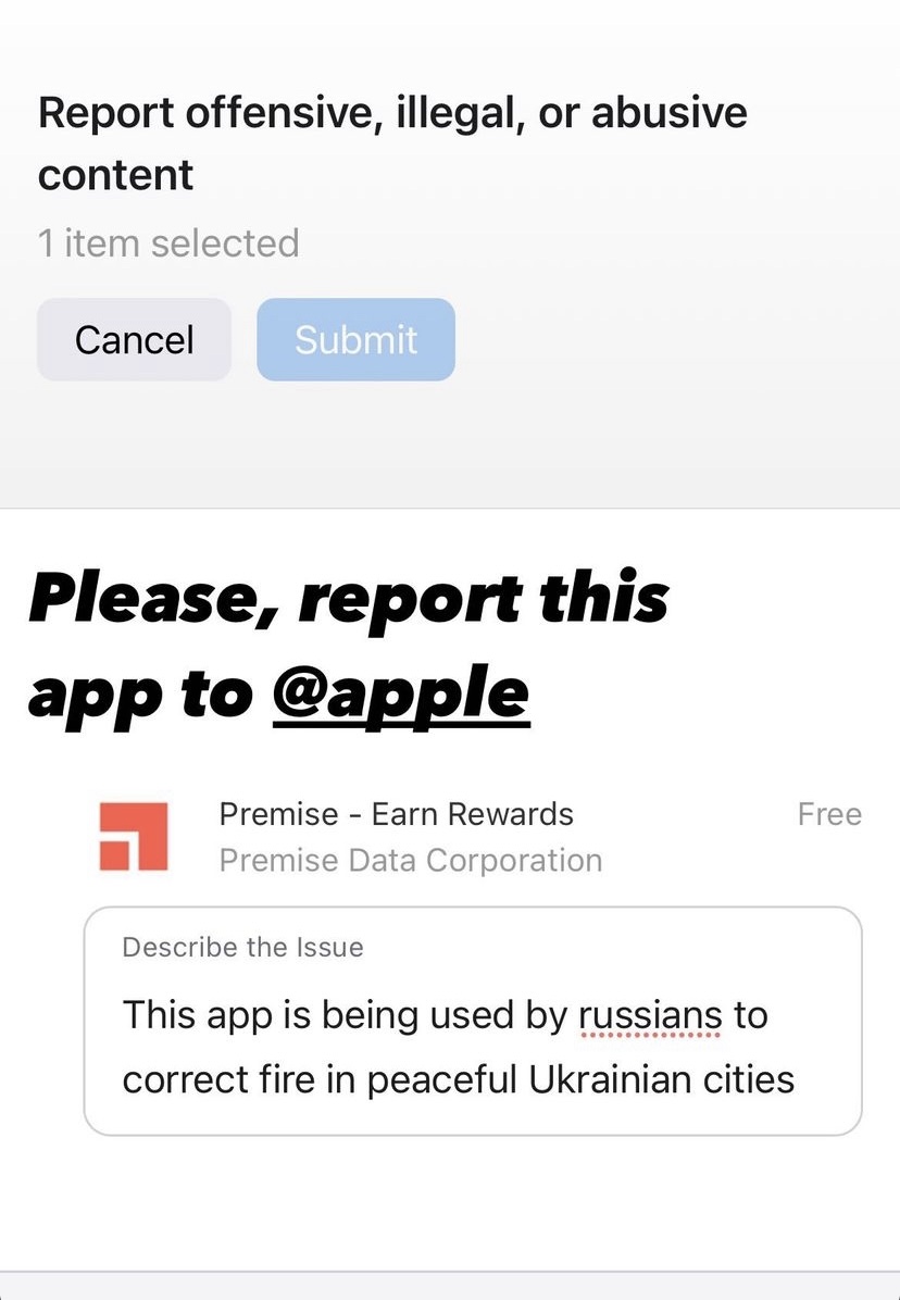 . <a href="/Apple/">Apple</a> please delete the app Premise it is being used to aid the Russian military in Ukraine