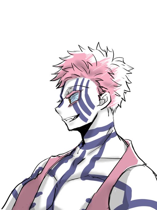 帯賀タマラさんがTwitterに投稿した猗窩座(鬼滅の刃)のイラスト。