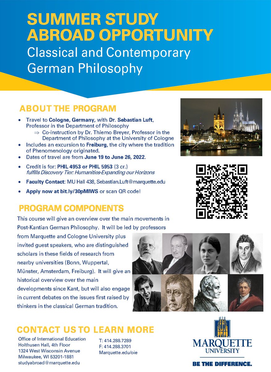 📢Study Philosophy with other Marquette students at the University of Cologne (Germany) this summer. Open to Graduate and Undergraduate students. Undergraduate course fulfills Cognition, Memory and Intelligence Discovery Theme MCC.